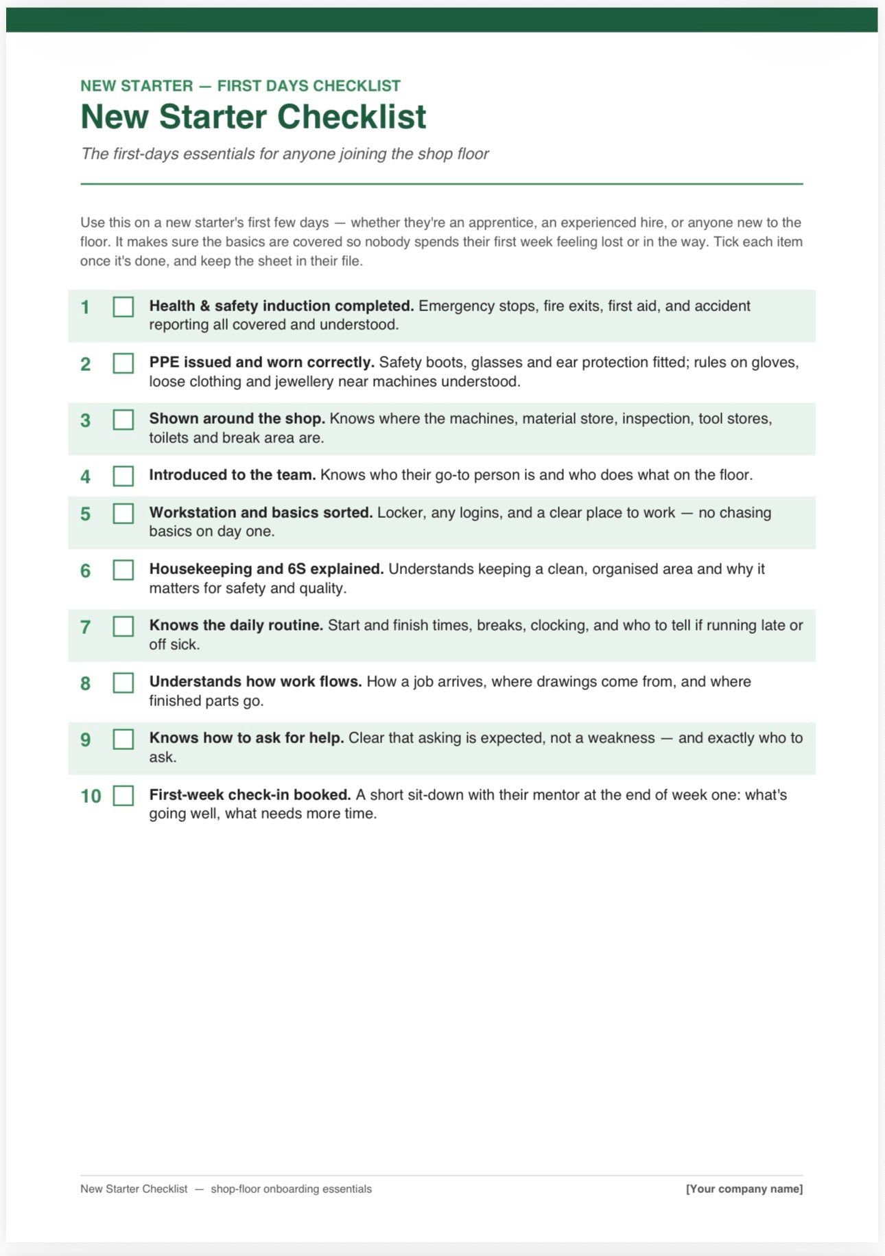 New Starter & Apprentice Checklist — Free Machining Onboarding Pack