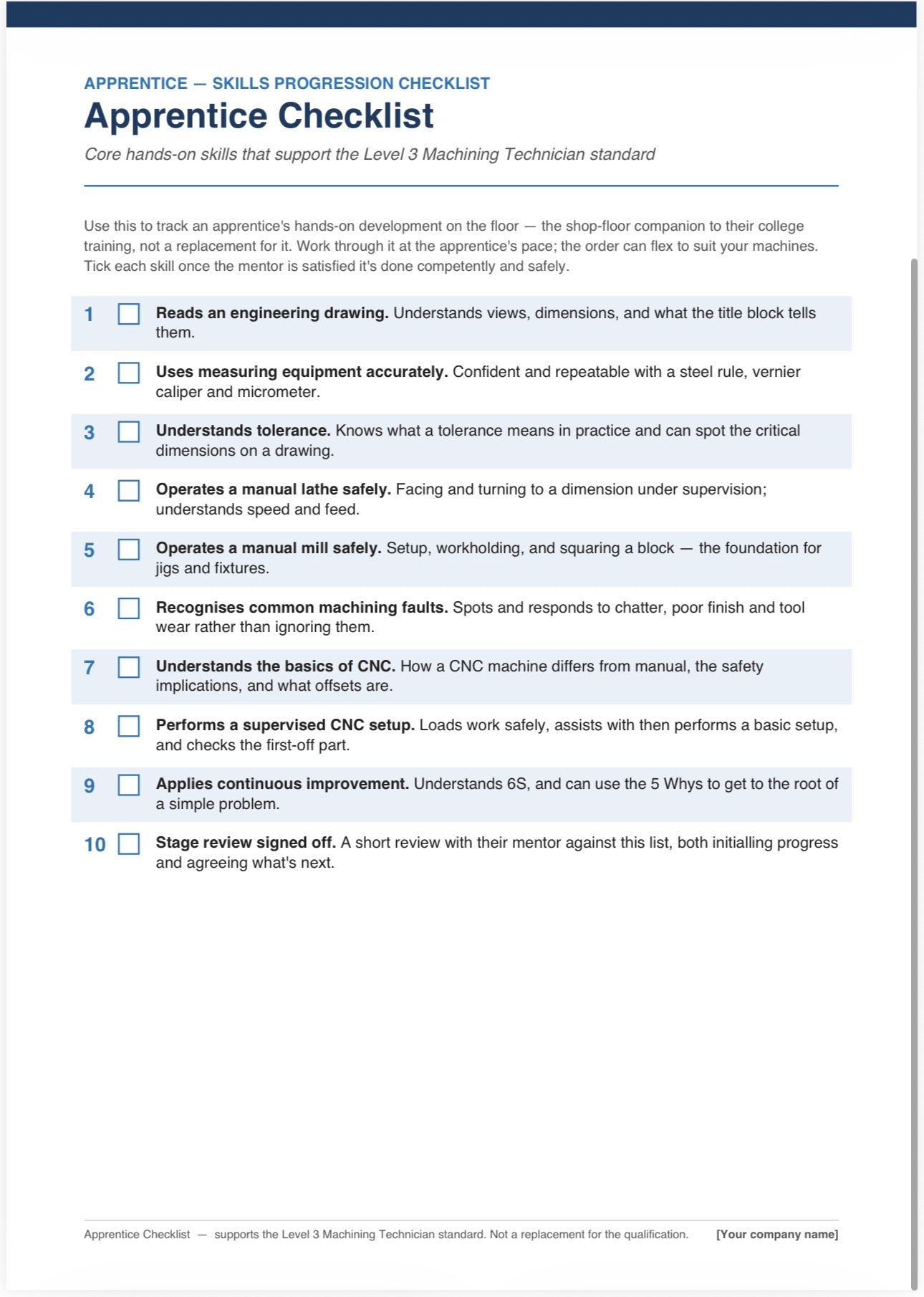 New Starter & Apprentice Checklist — Free Machining Onboarding Pack